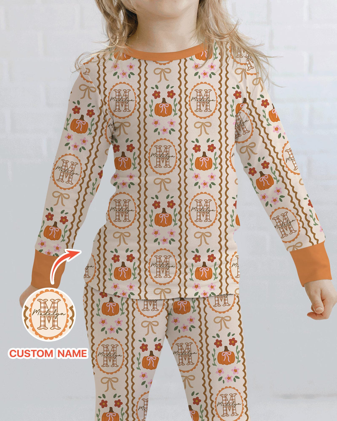 Custom Name Pumpkin Cottage Bamboo Two Piece Long Sleeve Pajama Set