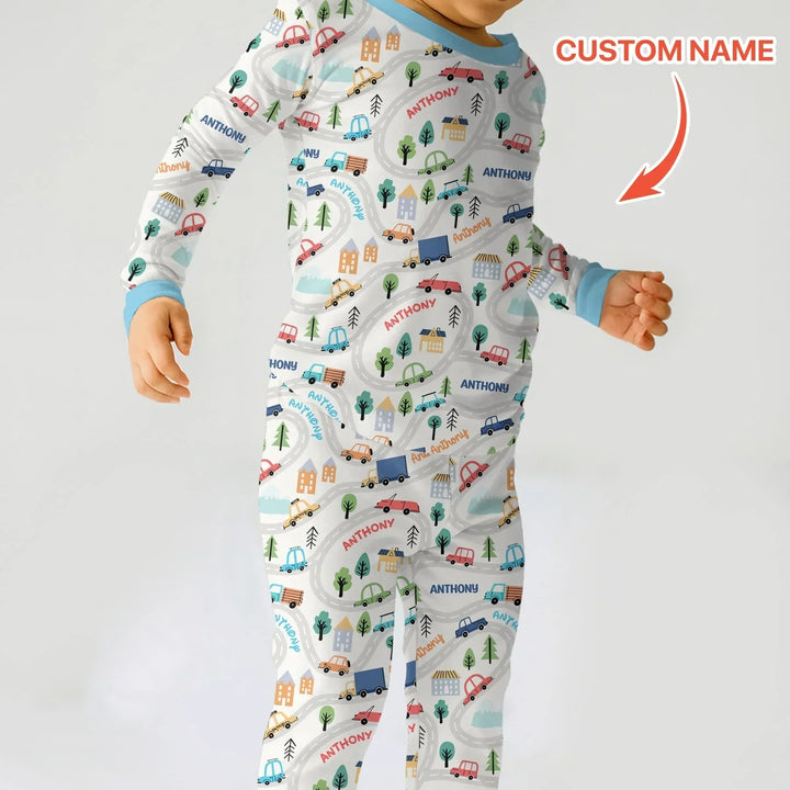 Custom Name Road Map Bamboo Two Piece Long Sleeve Pajama Set
