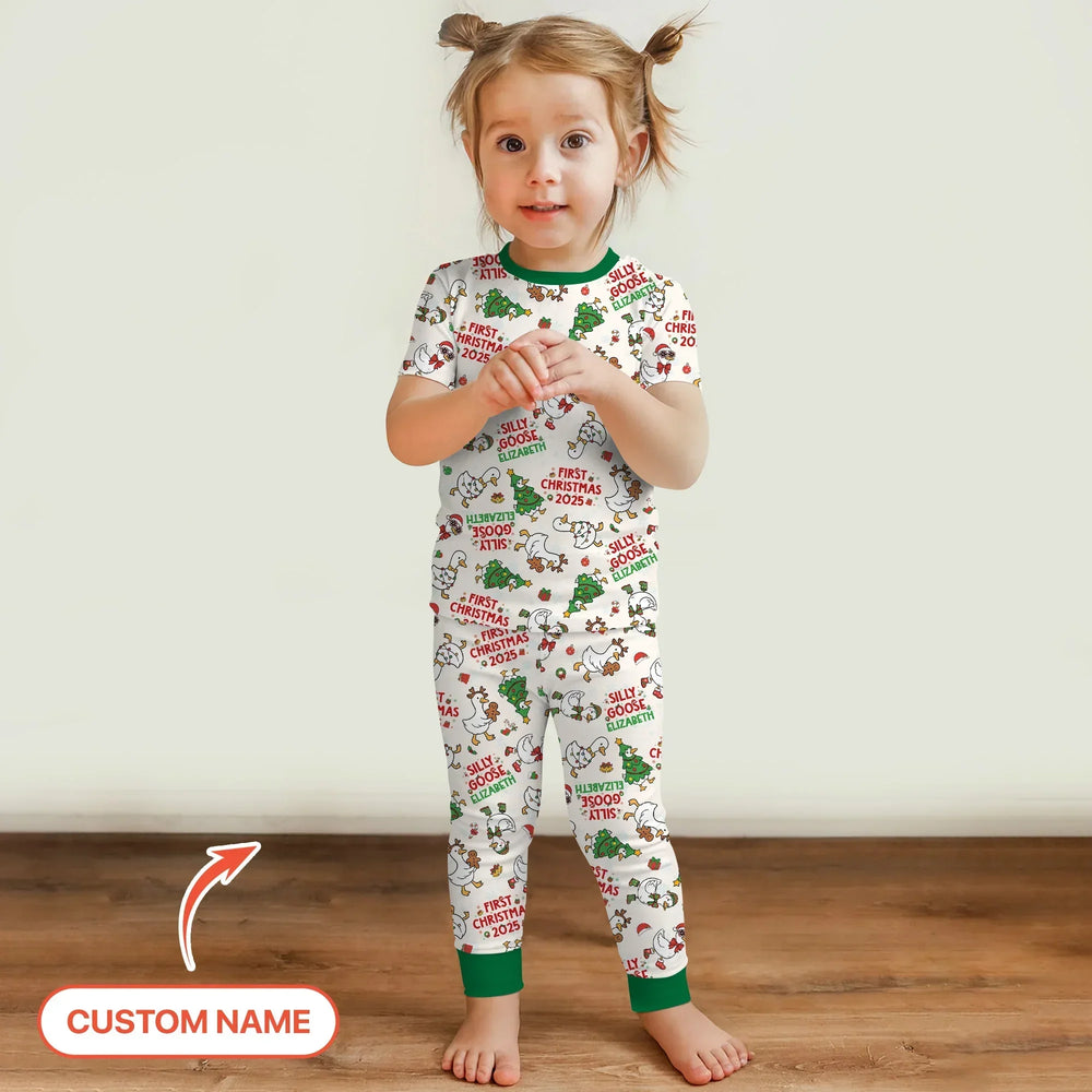Custom Name "Silly Goose" Two Piece Short Sleeve Pajama Set (Green) , Custom Name "Silly Goose" Two Piece Short Sleeve Pajama Set (Green) - 12-18M