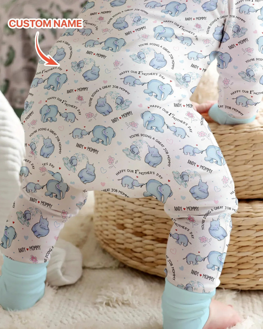 Custom Name Mother & Baby Elephant Bamboo Convertible Zippy