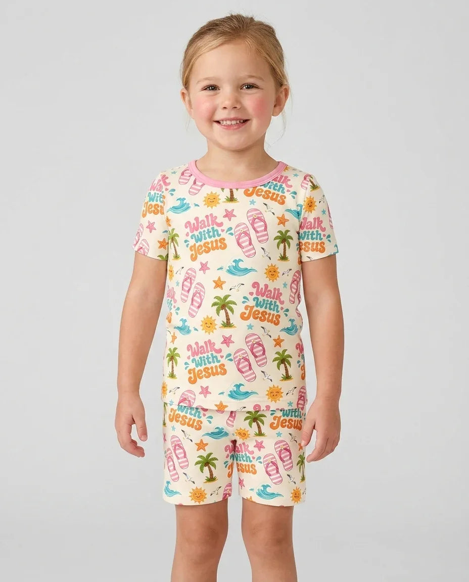 Groovy Summer Walk With Jesus Bamboo Two Piece Short Sleeve Shorts Pajama Set