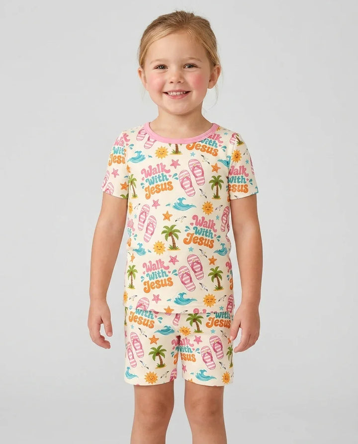 Groovy Summer Walk With Jesus Bamboo Two Piece Short Sleeve Shorts Pajama Set