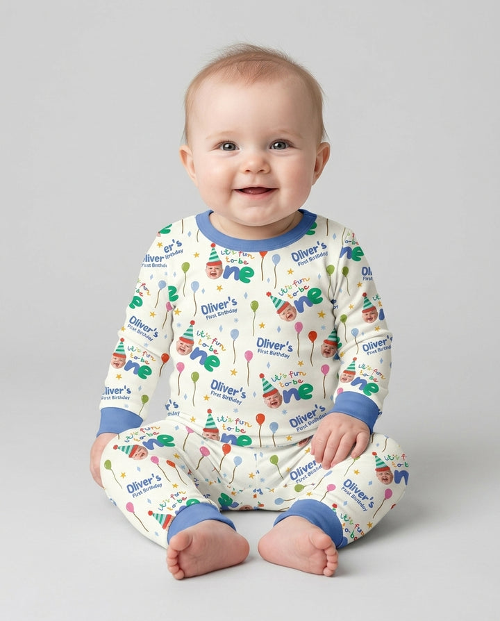 Custom Photo First Birthday Fun Bamboo Two Piece Long Sleeve Pajama Set