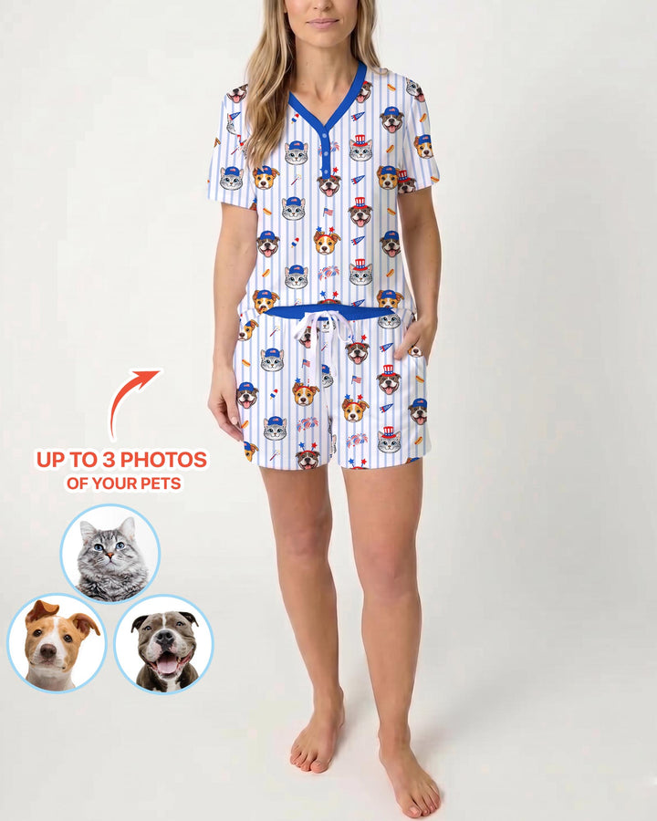 Custom Pet Image 4th of July Family Matching Bamboo Women Short Sleeve Short Pajama