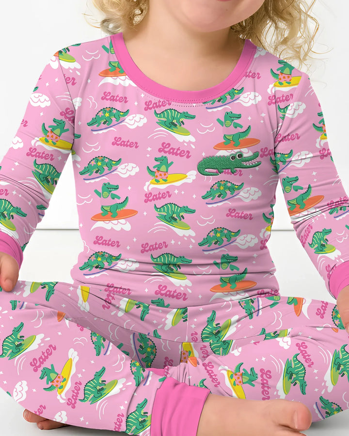 Embroidered Summer Alligator Bamboo Two Piece Long Sleeve Pajama Set