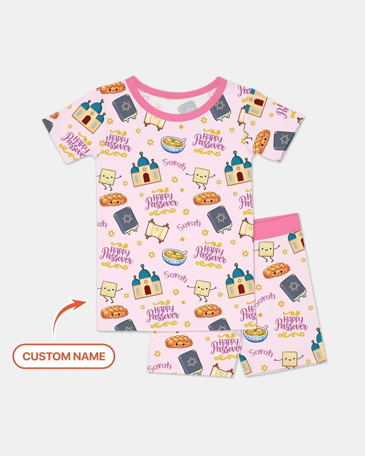 Custom name "Pesach Sameach" Bamboo Two Piece Short Sleeve Shorts Pajama Set