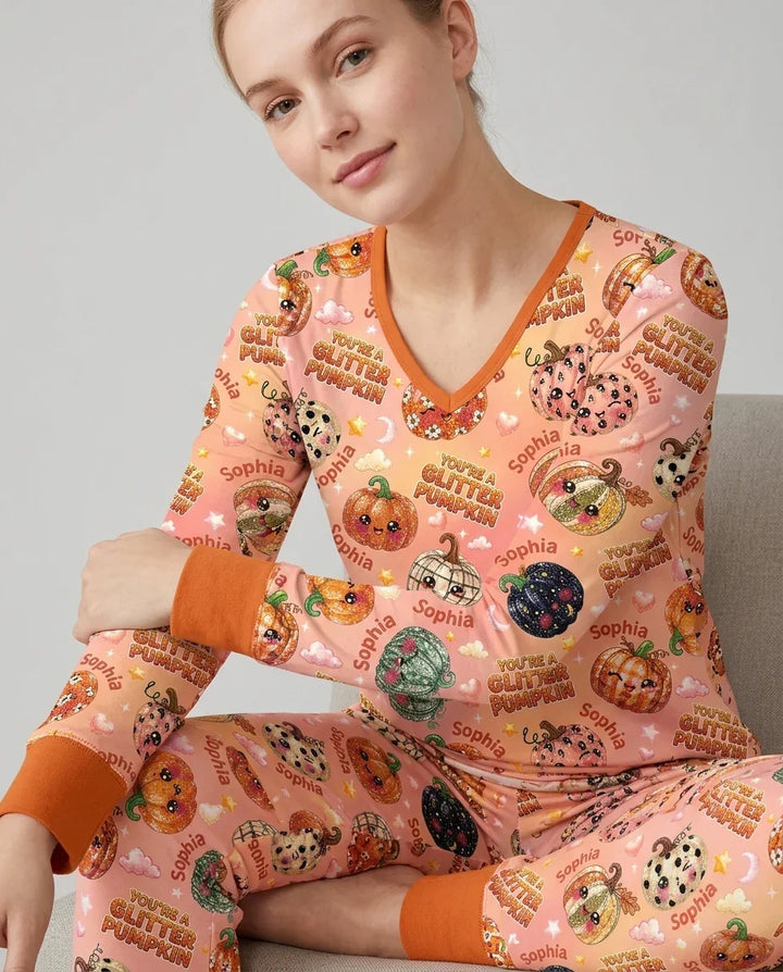 Custom Name You're A Glitter Pumpkin Bamboo Women Pajama Set