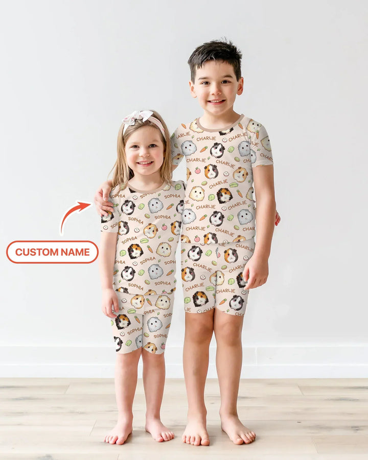 Custom Name Cute Guinea Pigs Bamboo Two Piece Short Sleeve Shorts Pajama Set