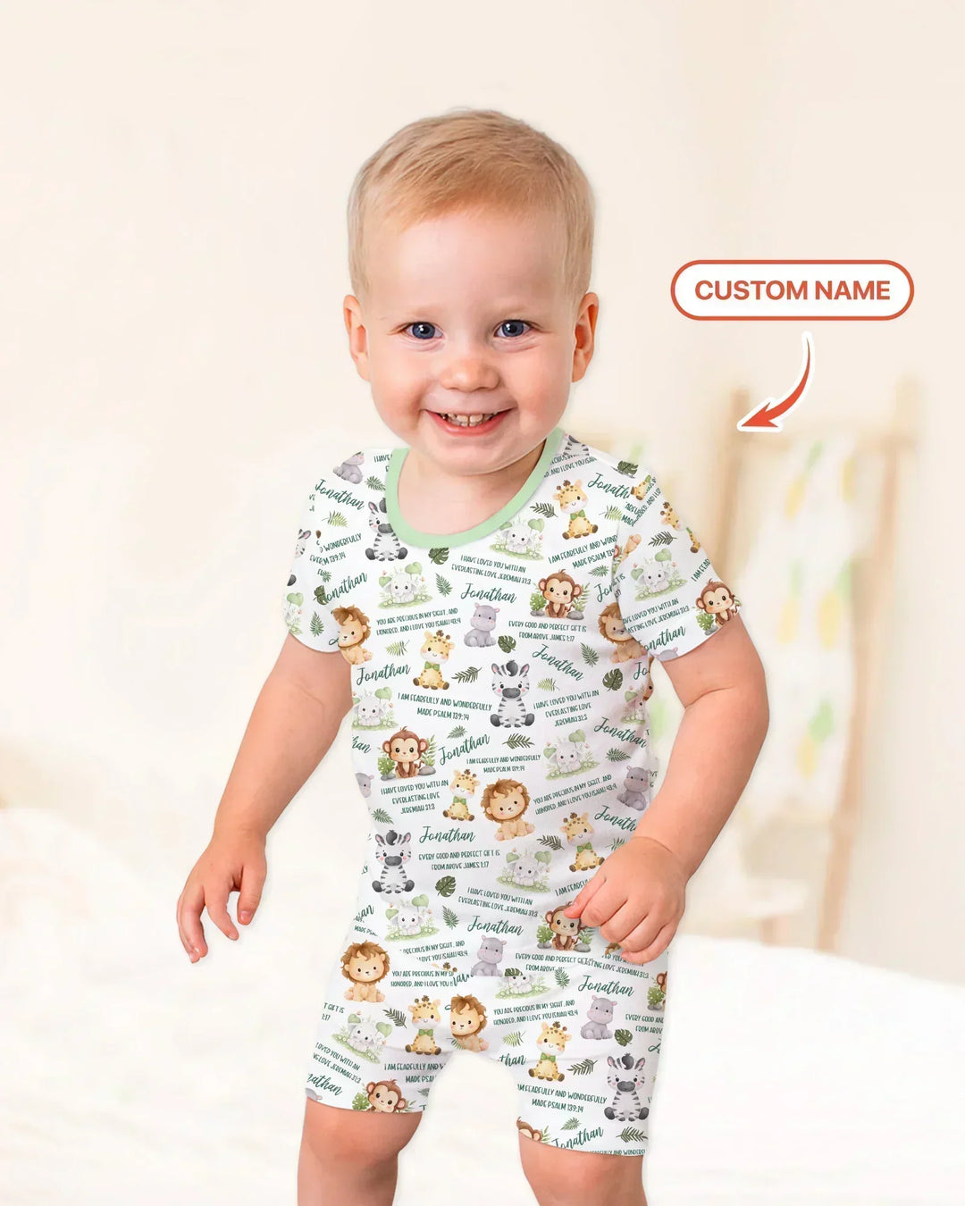 Custom Name Bible Verse Safari Animal Bamboo Two Piece Short Sleeve Shorts Pajama Set