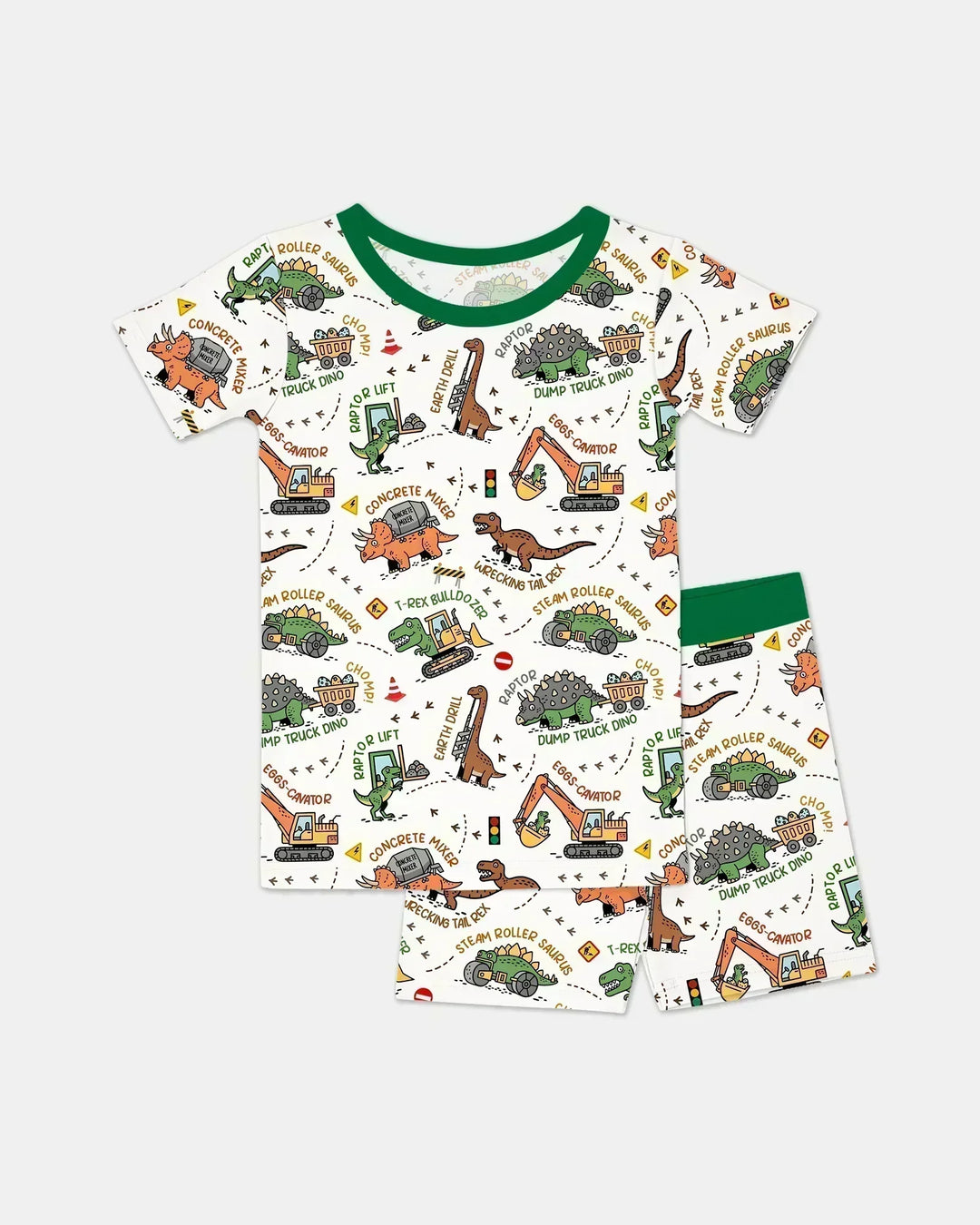Dinosaur Construction Truck Bamboo Two Piece Short Sleeve Shorts Pajama Set