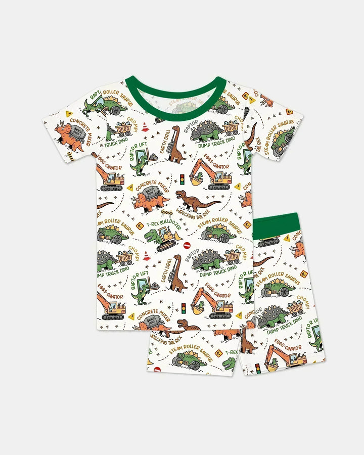 Dinosaur Construction Truck Bamboo Two Piece Short Sleeve Shorts Pajama Set