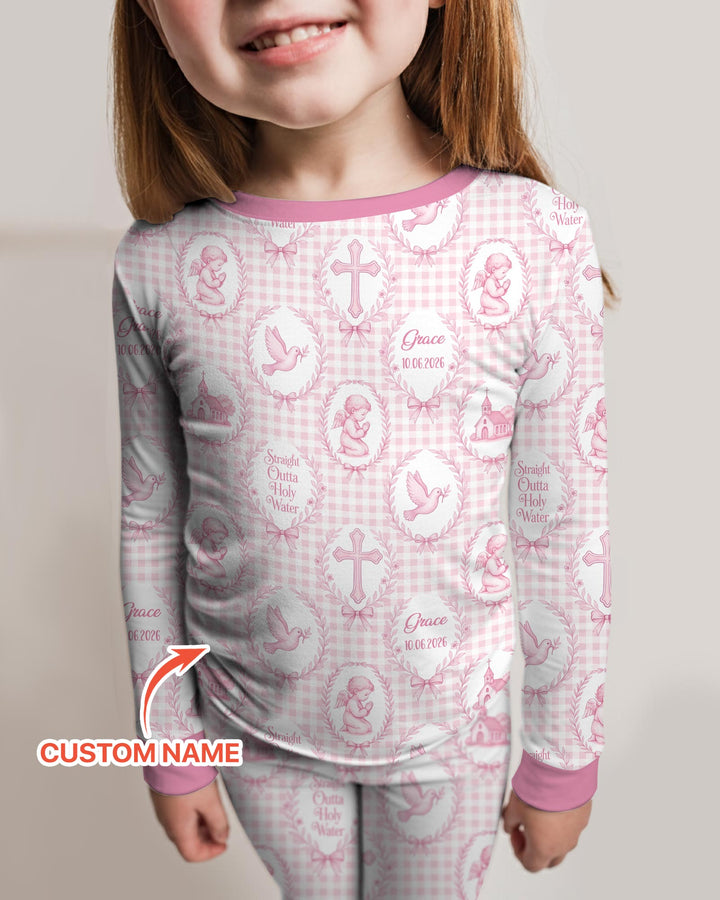 Custom Name Baptism Straight Outta Holy Water Bamboo Two Piece Long Sleeve Pajama Set