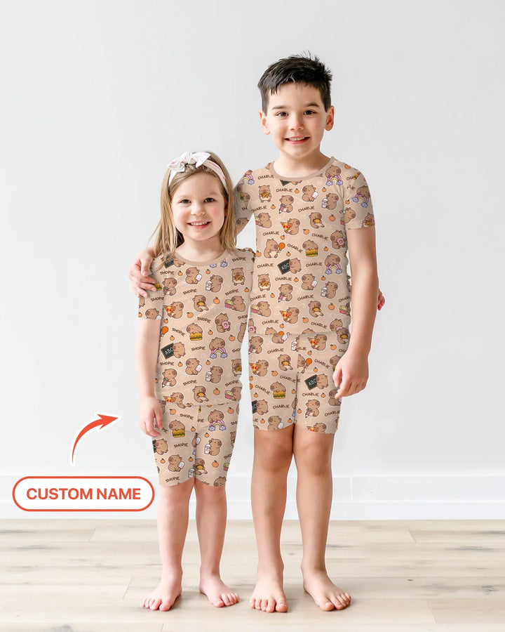 Custom Name Cute Capybara Bamboo Two Piece Short Sleeve Shorts Pajama Set