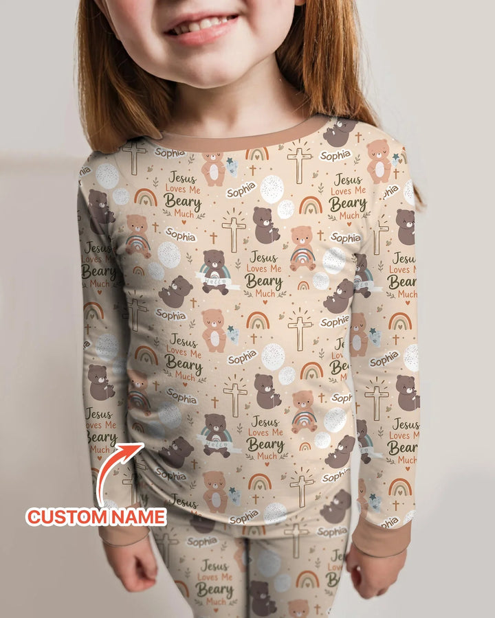 Custom Name Jesus Loves Me Beary Much Bamboo Two Piece Long Sleeve Pajama Set