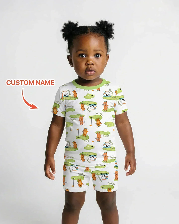 Custom Name Little Bear Golf Club Bamboo Two Piece Short Sleeve Shorts Pajama Set