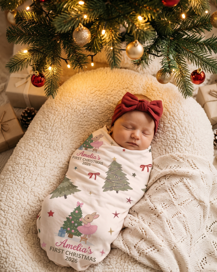 First Christmas Baby Bunny Bamboo Swaddle Blanket