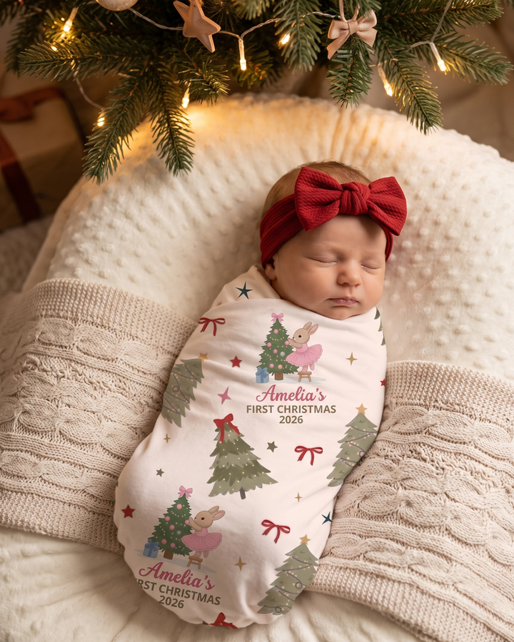 First Christmas Baby Bunny Bamboo Swaddle Blanket