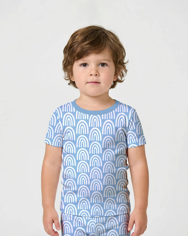 Sky Blue Rainbows Bamboo Two Piece Short Sleeve Shorts Pajama Set