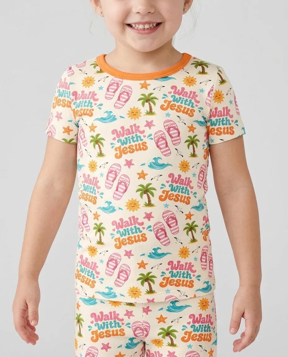 Groovy Summer Walk With Jesus Bamboo Two Piece Short Sleeve Shorts Pajama Set