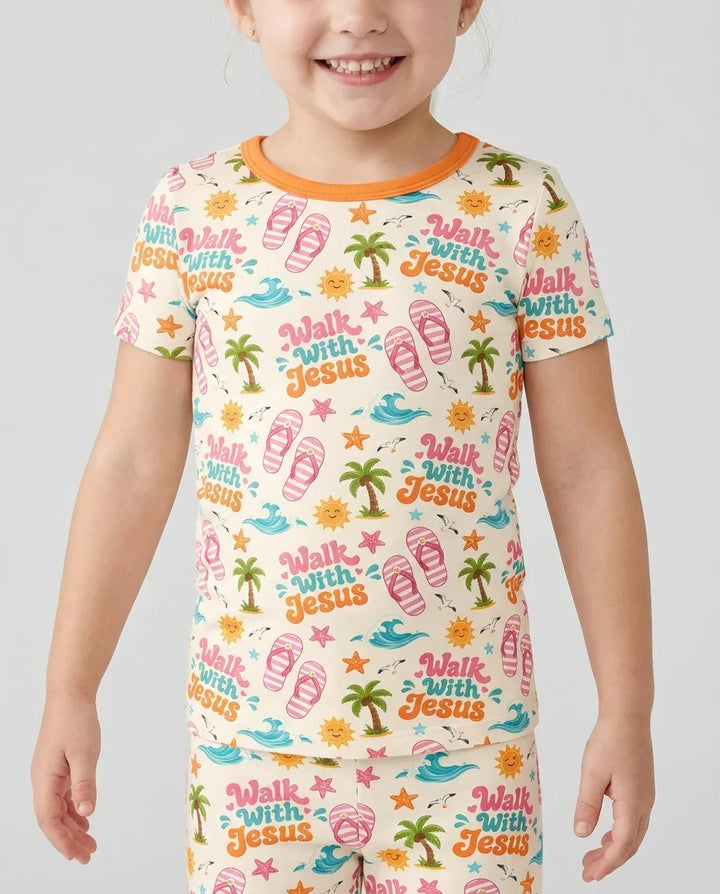 Groovy Summer Walk With Jesus Bamboo Two Piece Short Sleeve Shorts Pajama Set