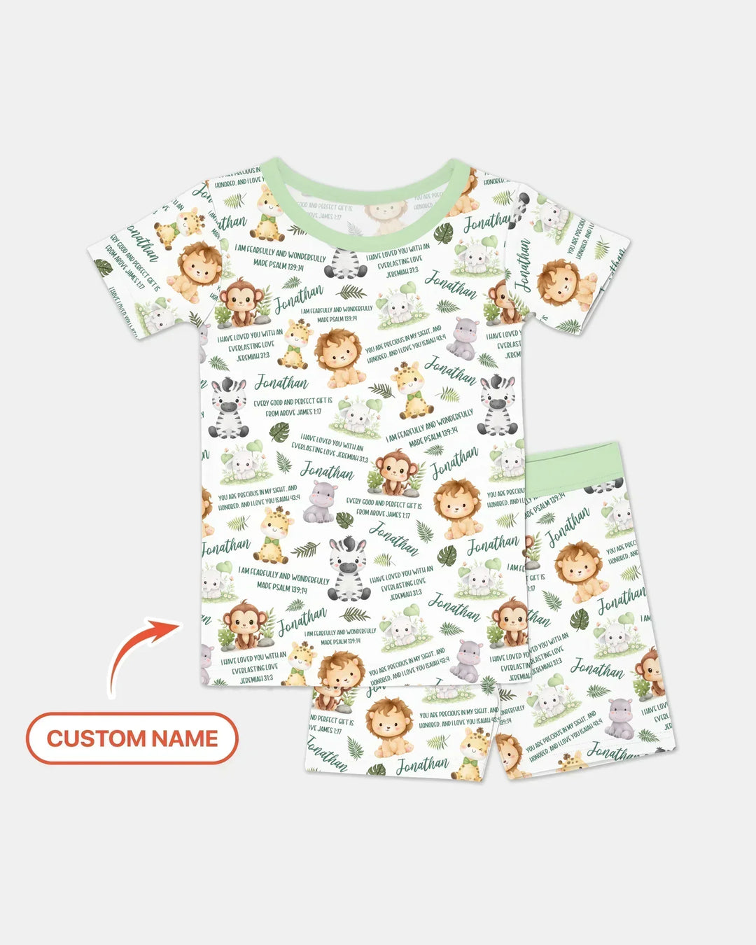 Custom Name Bible Verse Safari Animal Bamboo Two Piece Short Sleeve Shorts Pajama Set