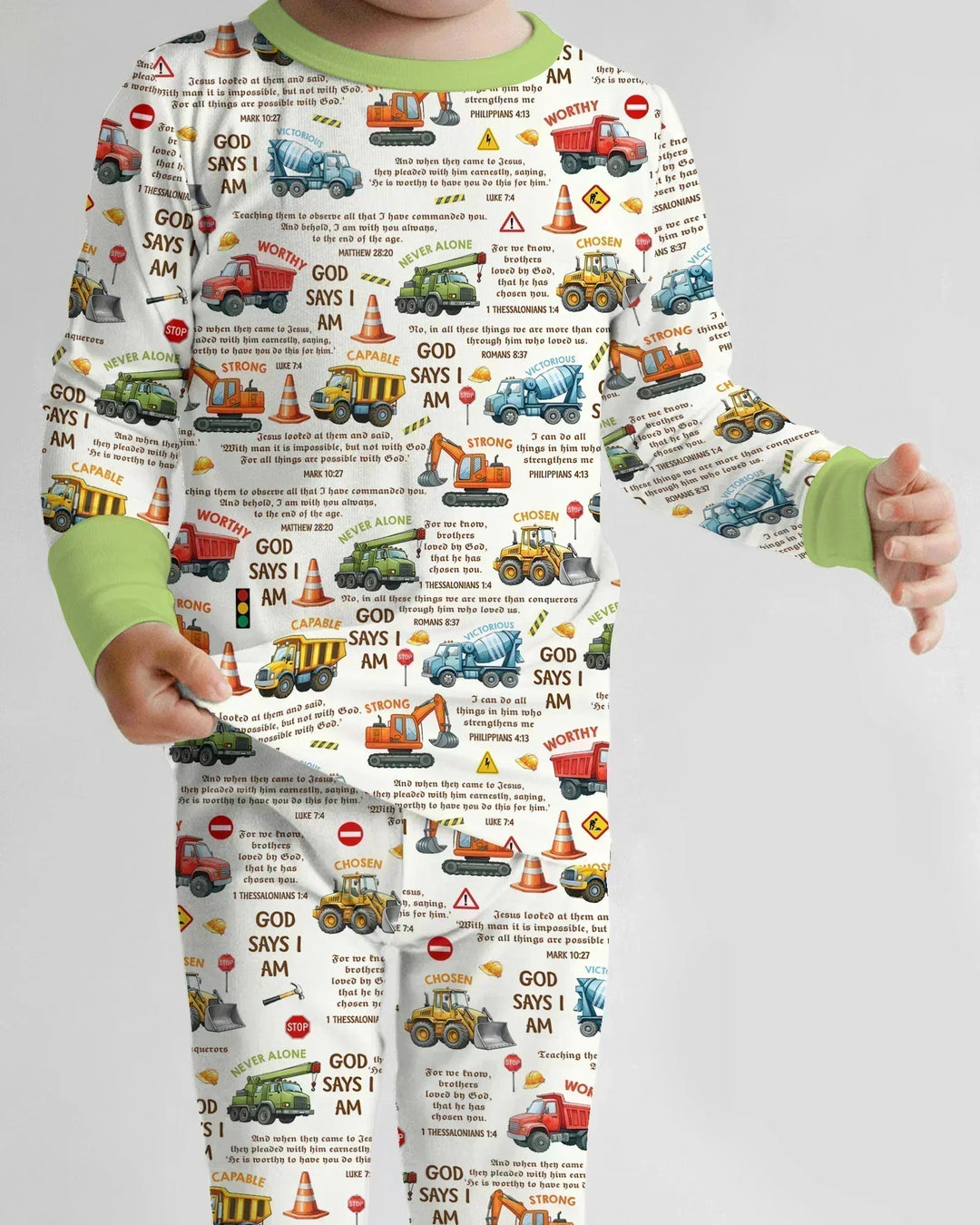 Bible Verse Construction Trucks Bamboo Two Piece Long Sleeve Pajama Set