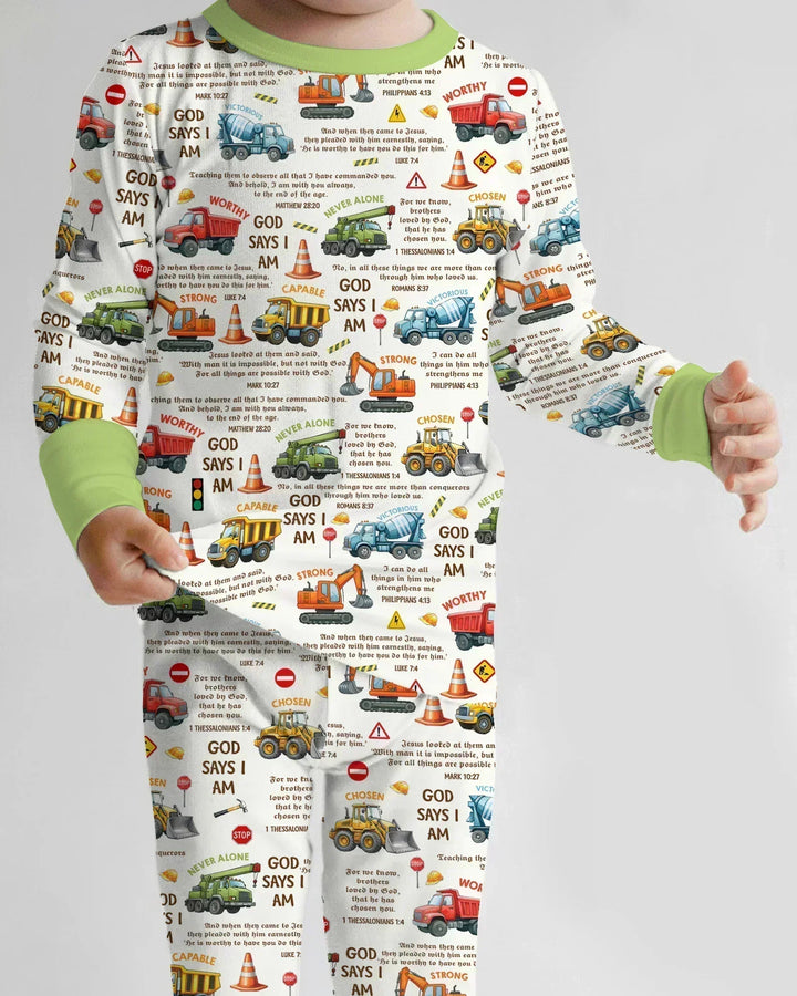 Bible Verse Construction Trucks Bamboo Two Piece Long Sleeve Pajama Set