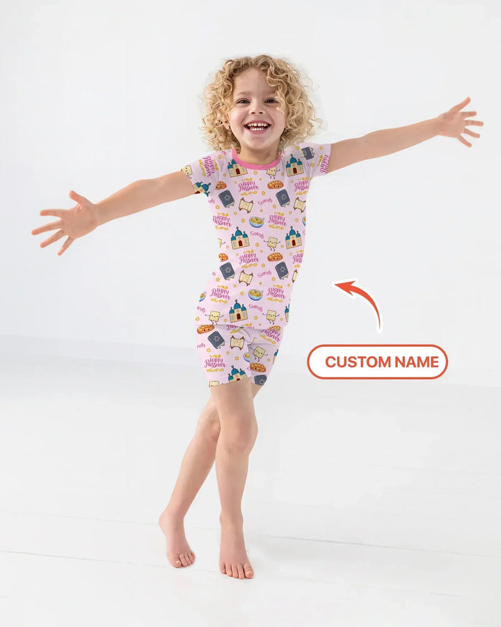 Custom name "Pesach Sameach" Bamboo Two Piece Short Sleeve Shorts Pajama Set
