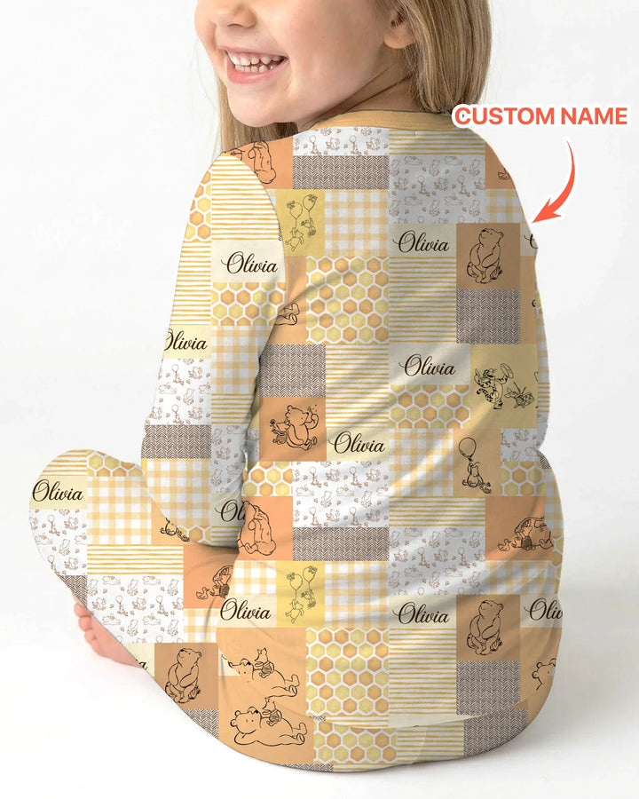 Personalized Classic Bear Patchwork  Bamboo Two Piece Long Sleeve Pajama Set
