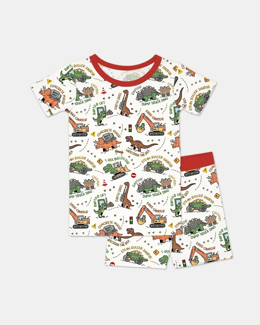 Dinosaur Construction Truck Bamboo Two Piece Short Sleeve Shorts Pajama Set