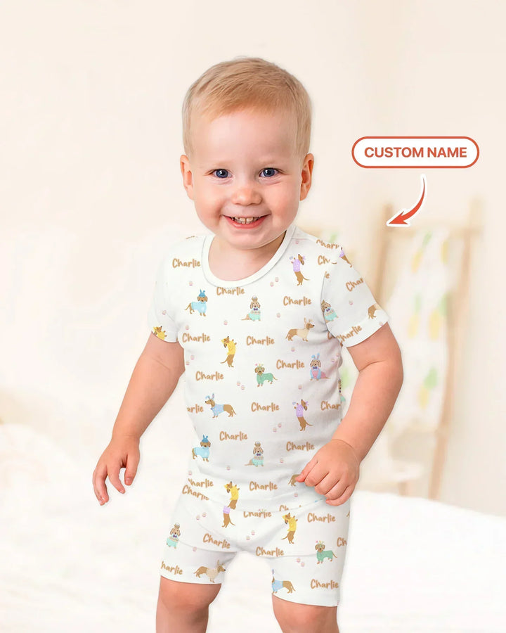 Custom Name Easter Dachshund Bamboo Two Piece Short Sleeve Shorts Pajama Set