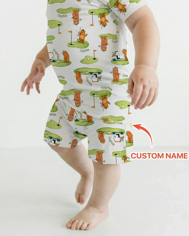 Custom Name Little Bear Golf Club Bamboo Two Piece Short Sleeve Shorts Pajama Set