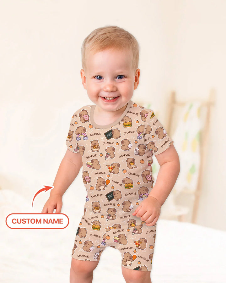 Custom Name Cute Capybara Bamboo Two Piece Short Sleeve Shorts Pajama Set