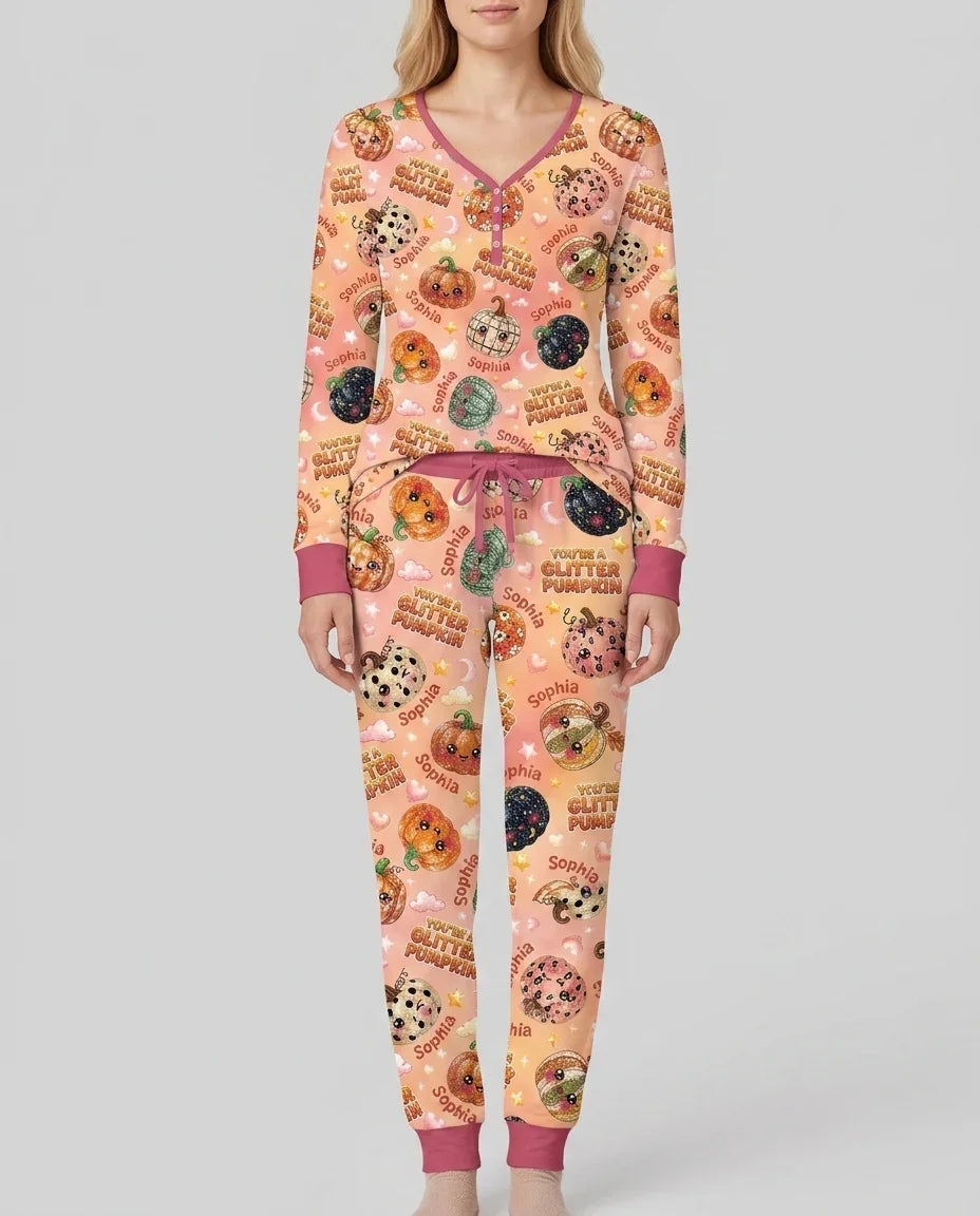 Custom Name You're A Glitter Pumpkin Bamboo Women Pajama Set
