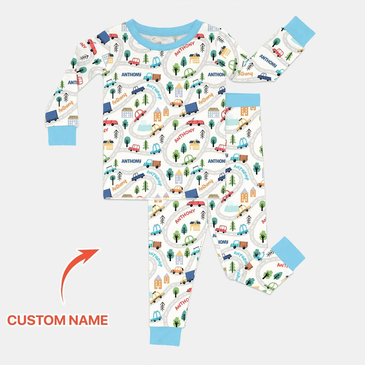Custom Name Road Map Bamboo Two Piece Long Sleeve Pajama Set