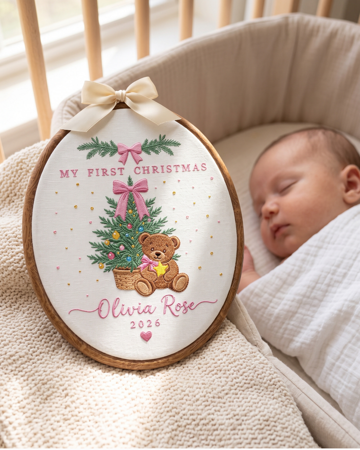 My First Christmas Teddy Embroidered Custom Hoop