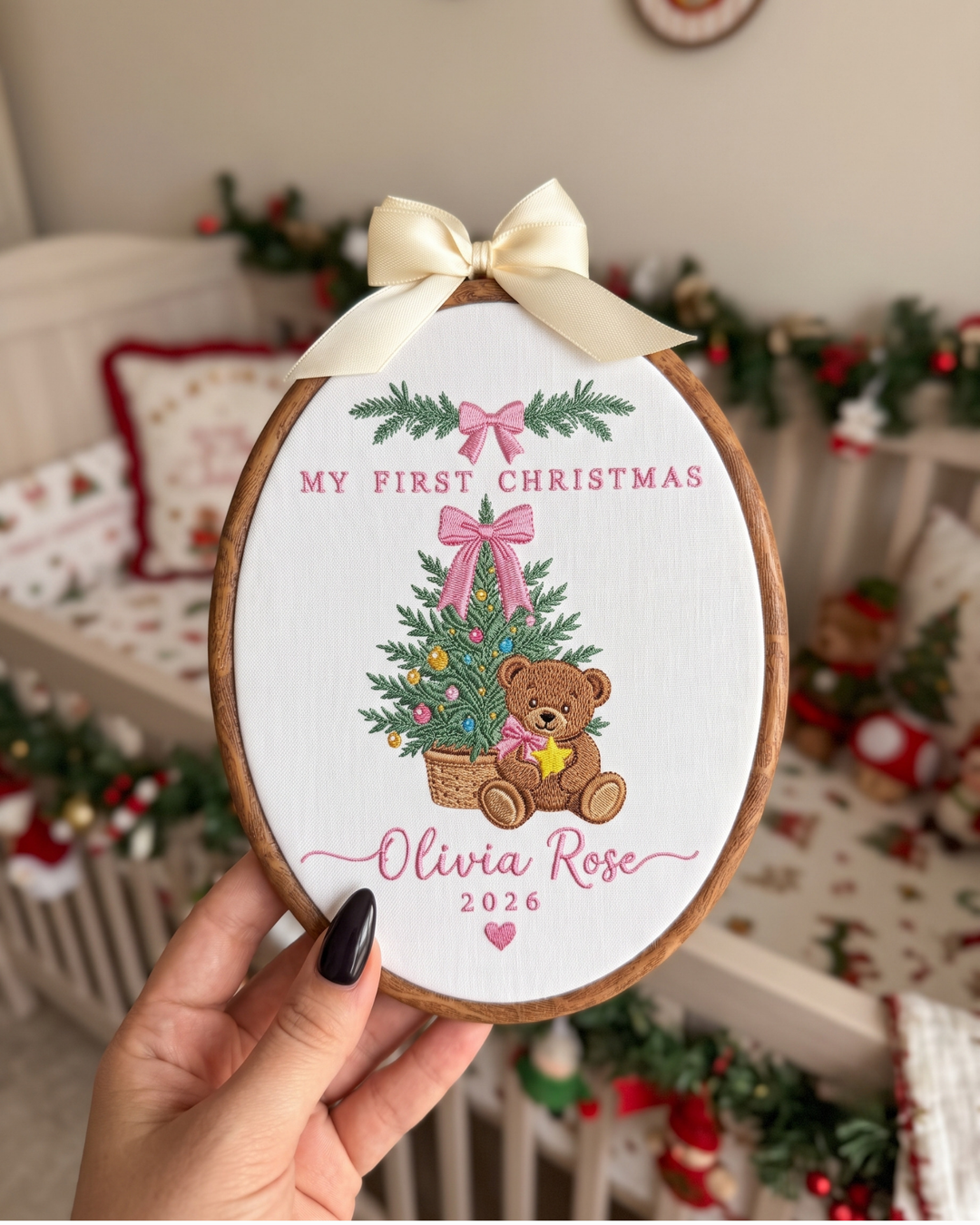 My First Christmas Teddy Embroidered Custom Hoop