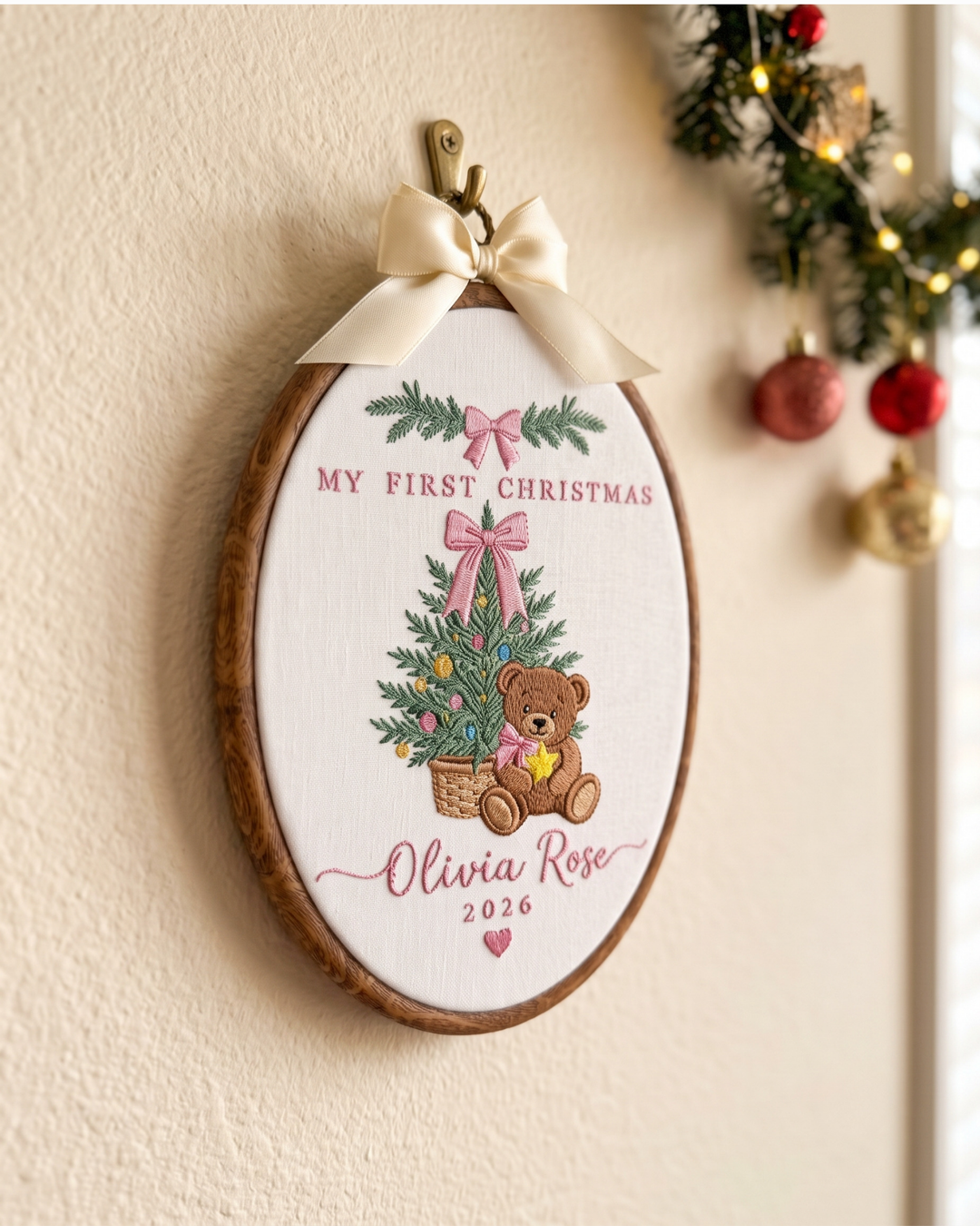 My First Christmas Teddy Embroidered Custom Hoop