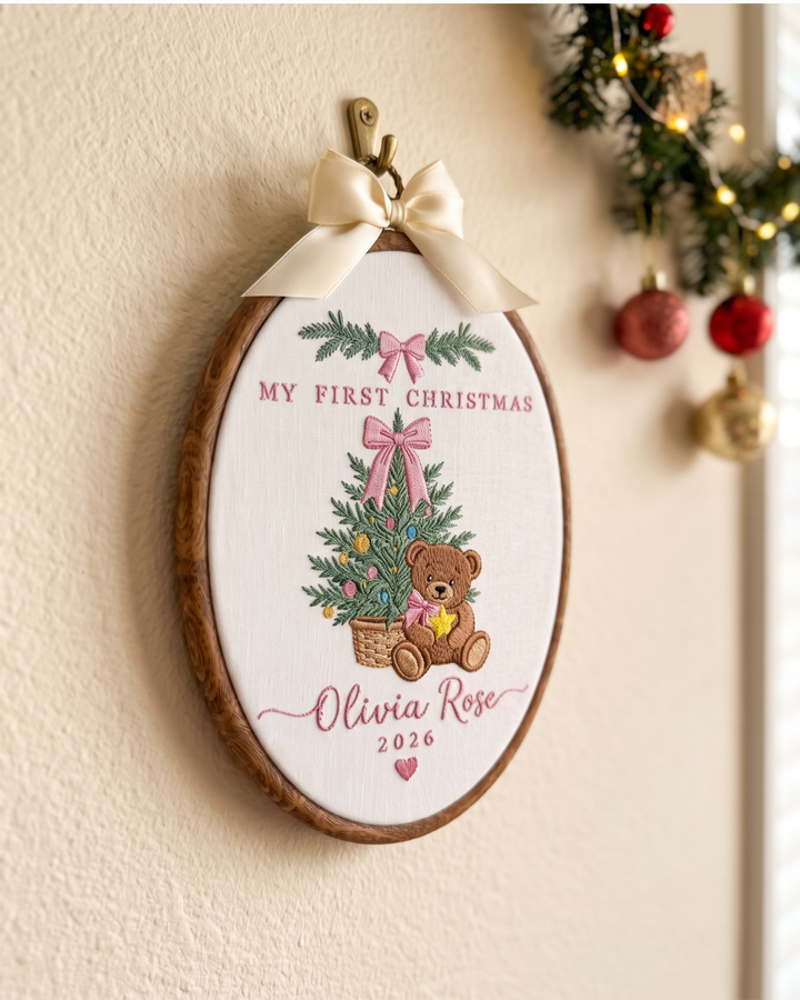 My First Christmas Teddy Embroidered Custom Hoop