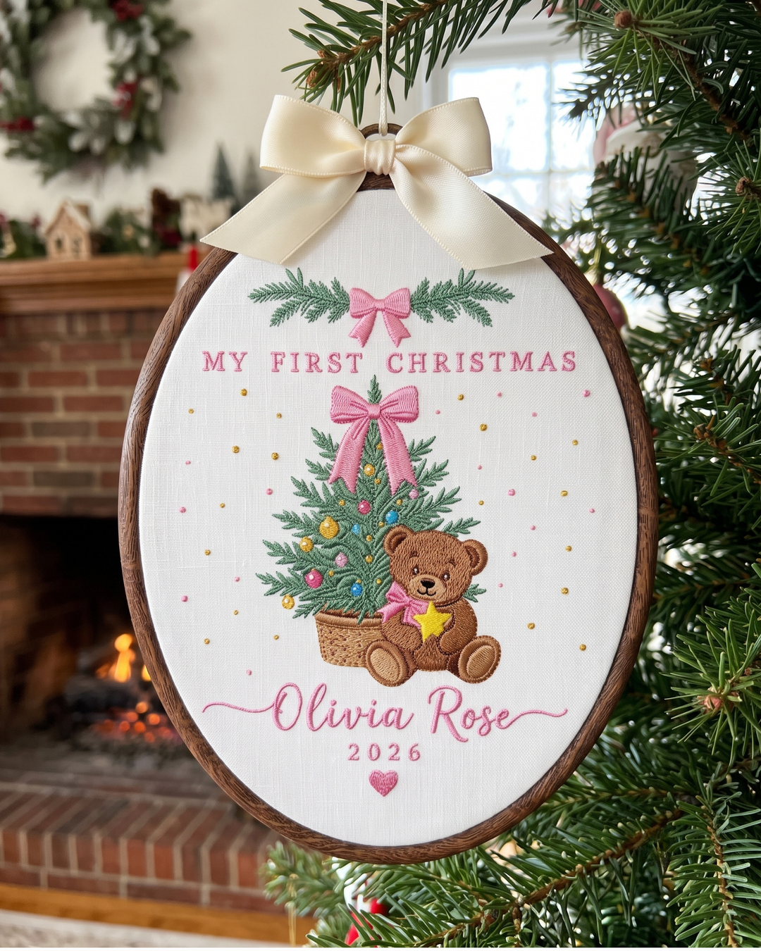 My First Christmas Teddy Embroidered Custom Hoop
