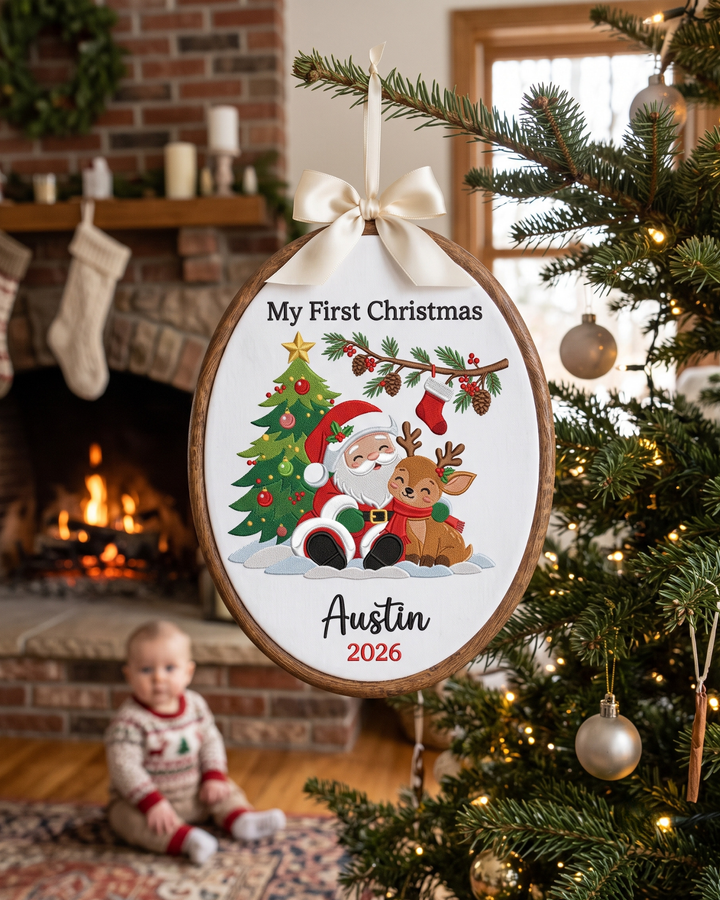 Santa & Reindeer First Christmas Embroidered Custom Hoop
