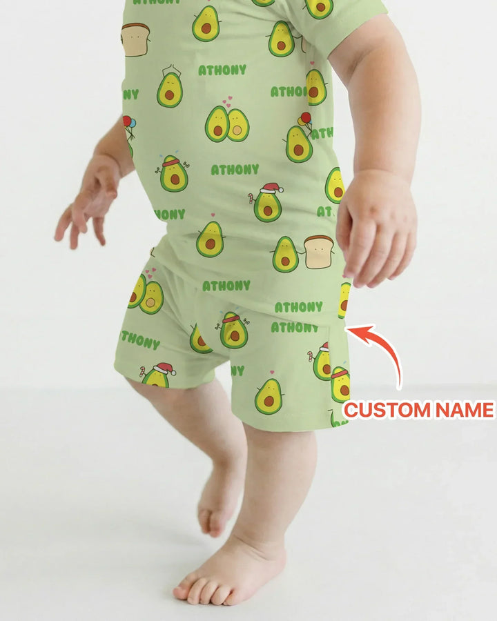 Custom Name Cute Avocado Bamboo Two Piece Short Sleeve Shorts Pajama Set