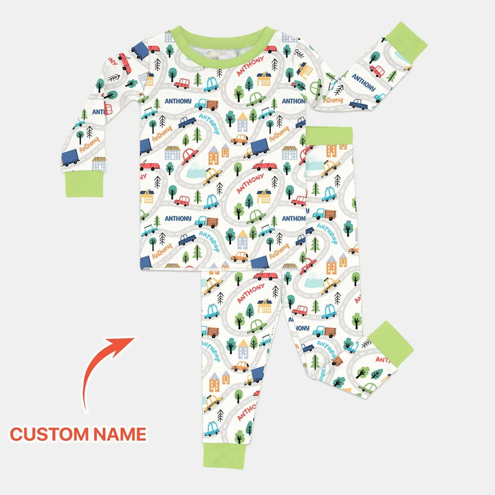 Custom Name Road Map Bamboo Two Piece Long Sleeve Pajama Set