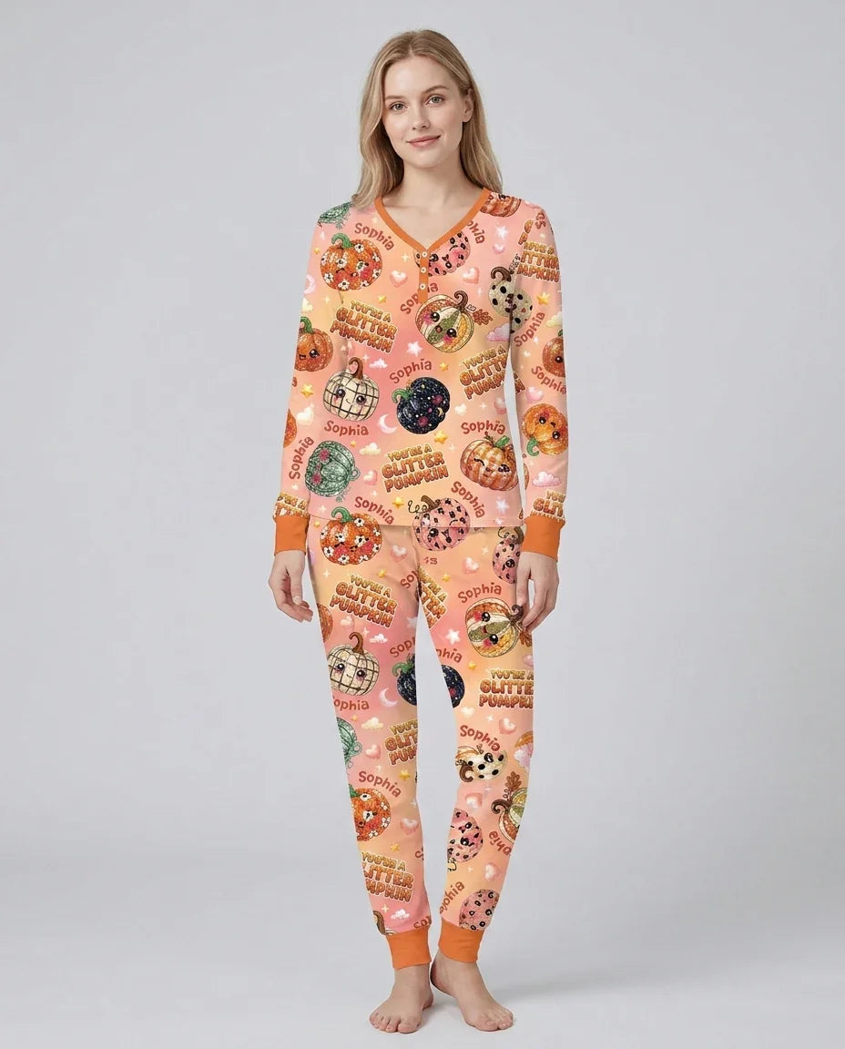 Custom Name You're A Glitter Pumpkin Bamboo Women Pajama Set