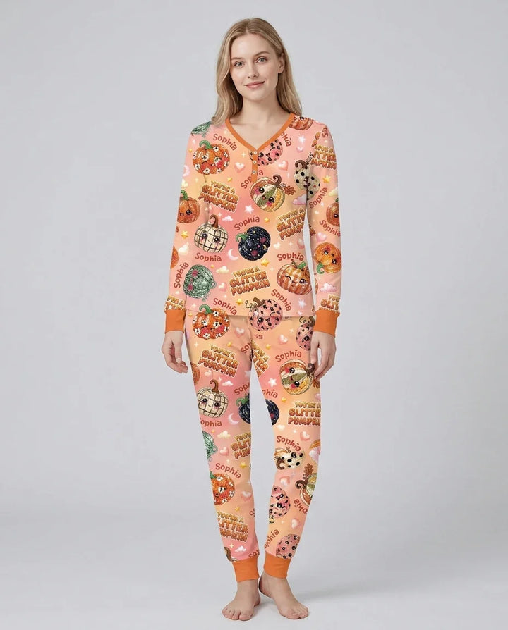 Custom Name You're A Glitter Pumpkin Bamboo Women Pajama Set
