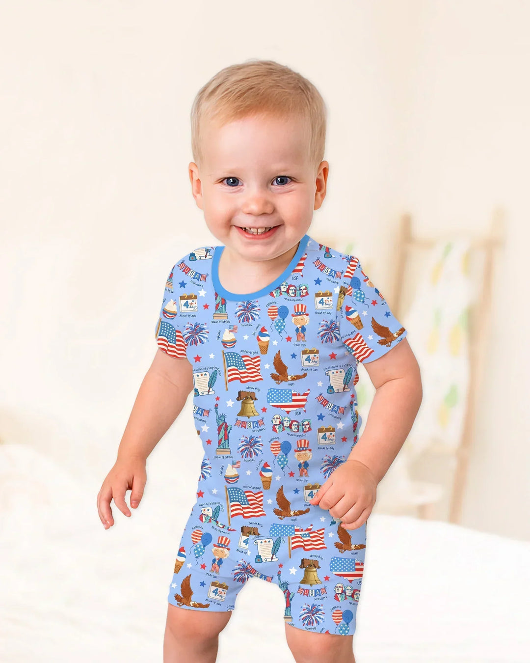 Hand Drawn Patriotic Iconic Bamboo Two Piece Short Sleeve Shorts Pajama Set