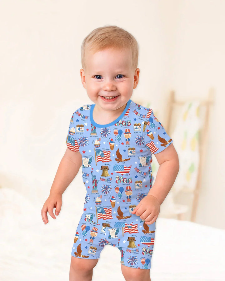 Hand Drawn Patriotic Iconic Bamboo Two Piece Short Sleeve Shorts Pajama Set