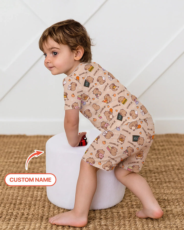 Custom Name Cute Capybara Bamboo Two Piece Short Sleeve Shorts Pajama Set