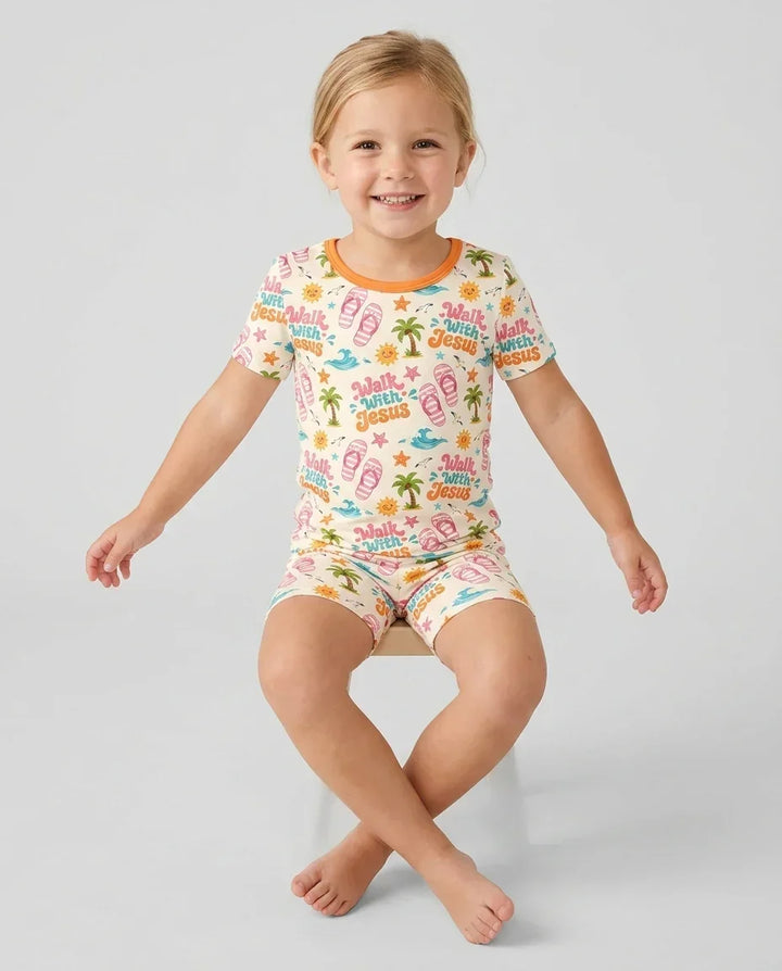 Groovy Summer Walk With Jesus Bamboo Two Piece Short Sleeve Shorts Pajama Set