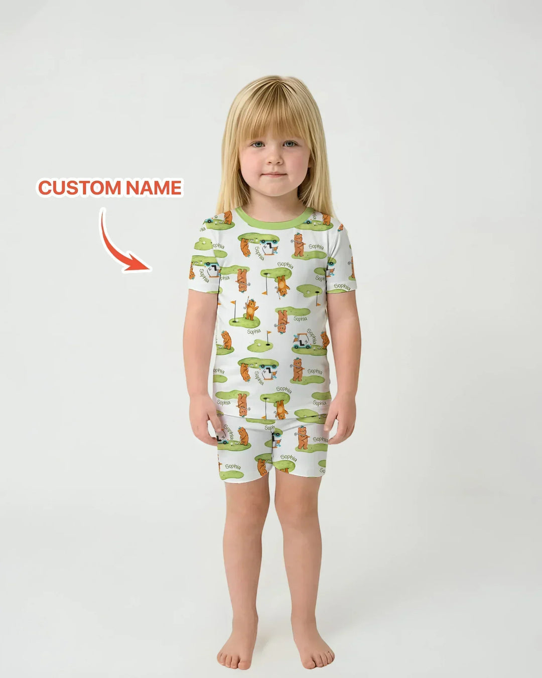 Custom Name Little Bear Golf Club Bamboo Two Piece Short Sleeve Shorts Pajama Set